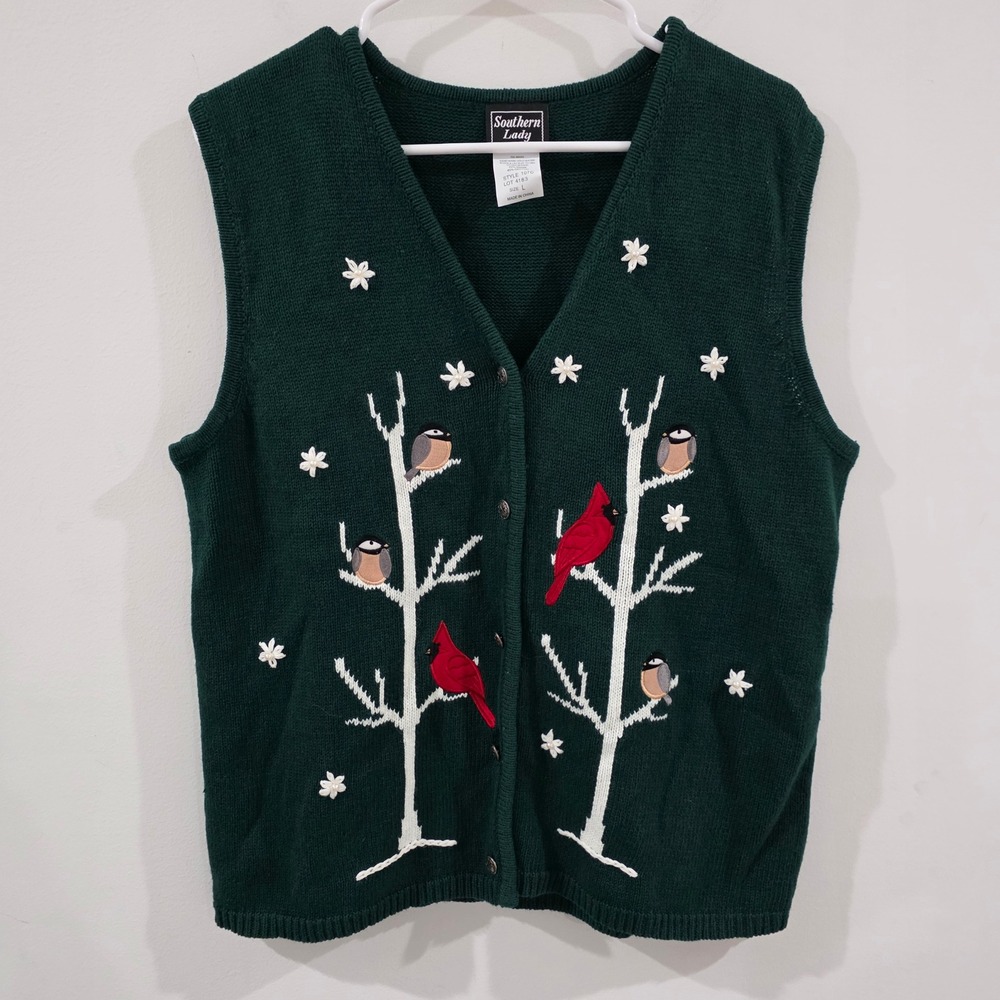 Southern Lady Womens Cardinal Christmas Sweater Vest Size Large Green Winter